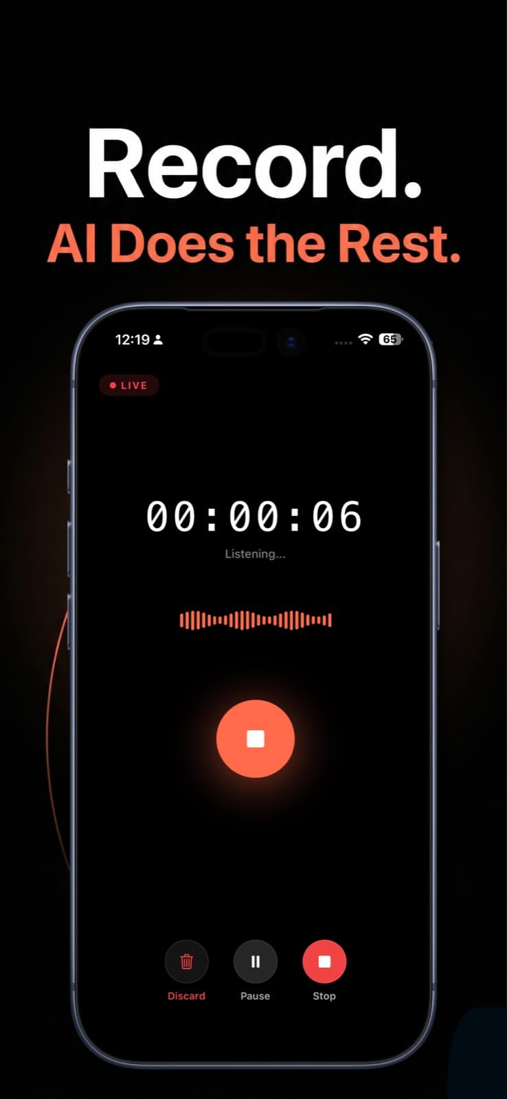 Scription recording screen on an iPhone with a live waveform and stop, pause and discard controls