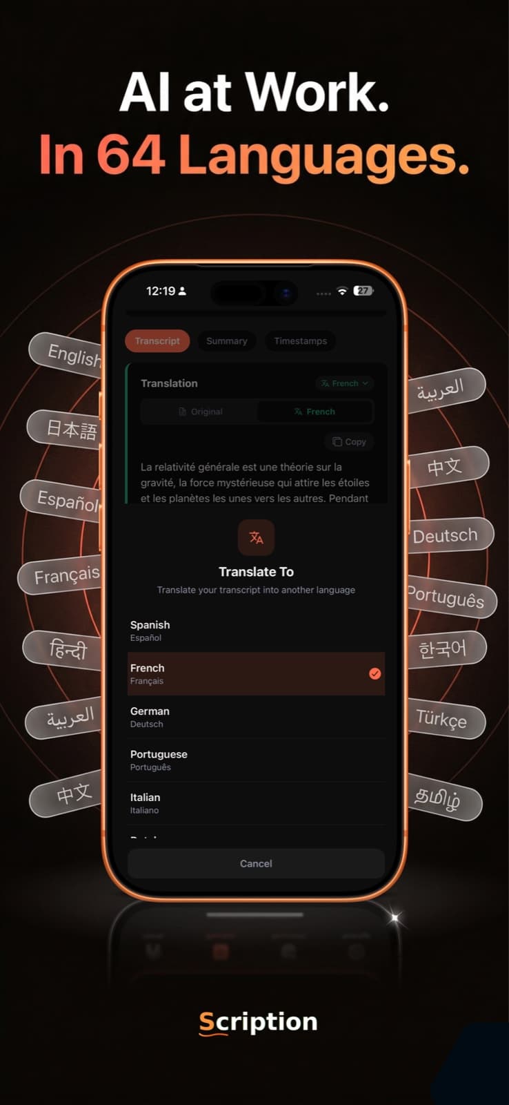 Scription translation sheet on an iPhone with a French transcript and a list of languages to translate into