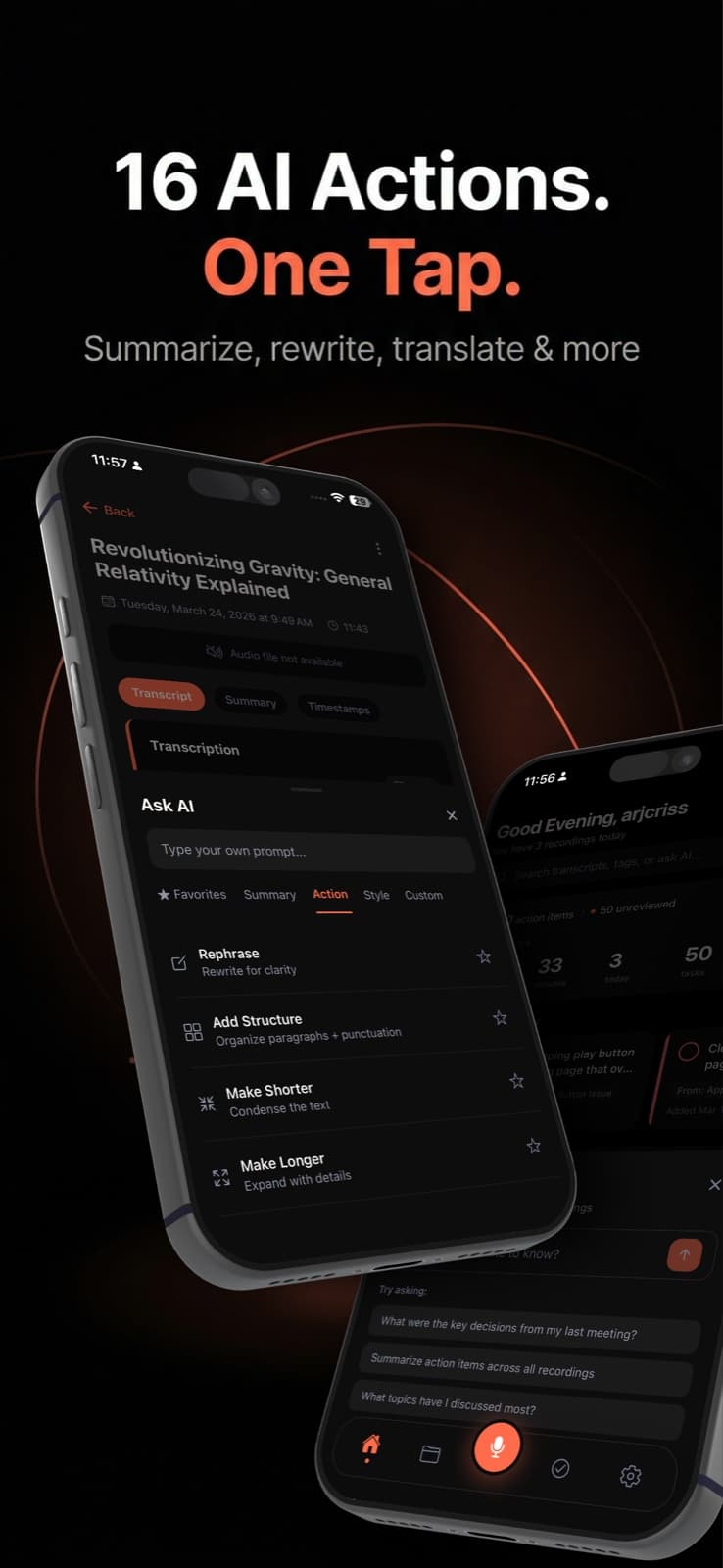 Scription Ask AI sheet listing actions such as rephrase, add structure, make shorter and make longer