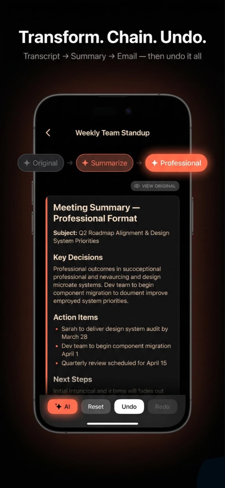 Scription transcript screen showing a chain of AI actions from original to summary to professional format, with undo and redo