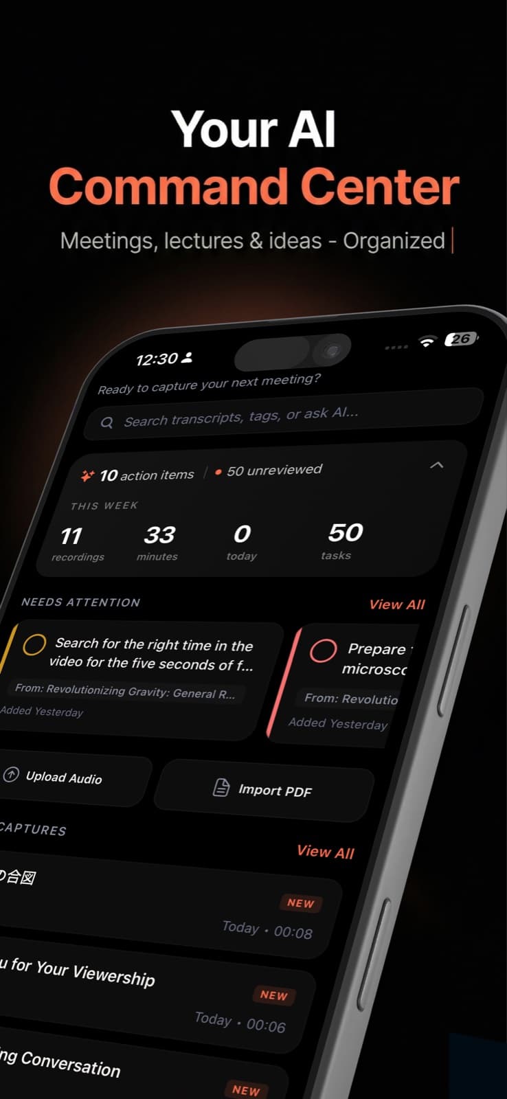 Scription home screen on an iPhone showing this week's recordings, action items that need attention and recent captures