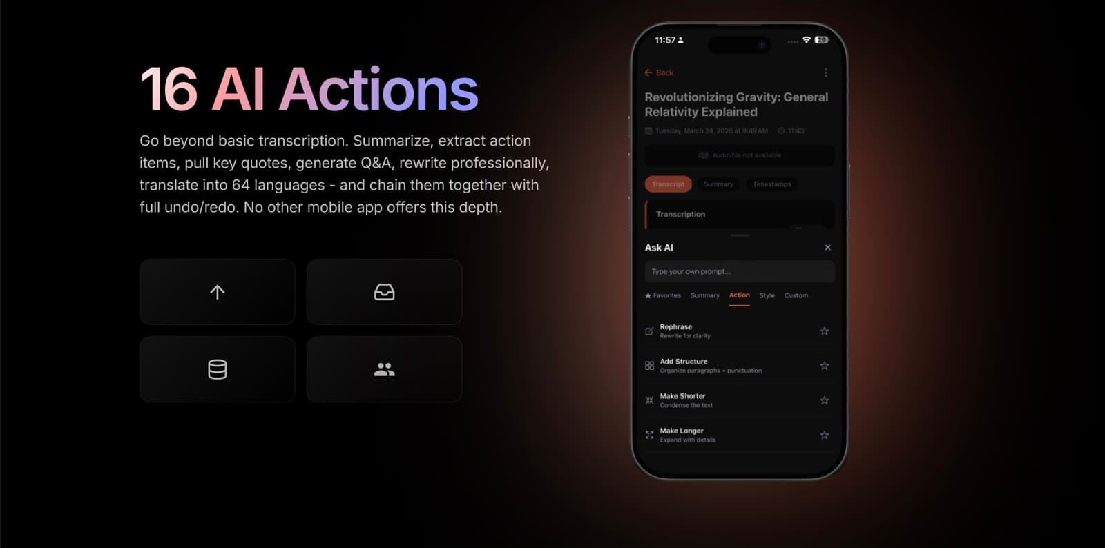 Scription website section on AI actions, with a phone showing the Ask AI sheet