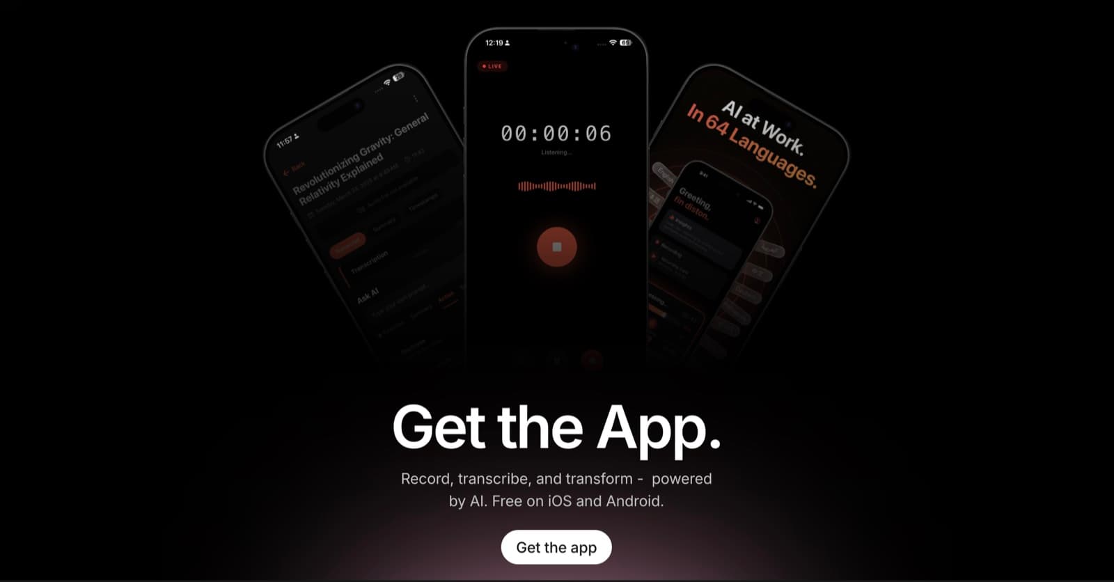 Scription website closing section: three phones fanned out above the heading Get the App and a Get the app button
