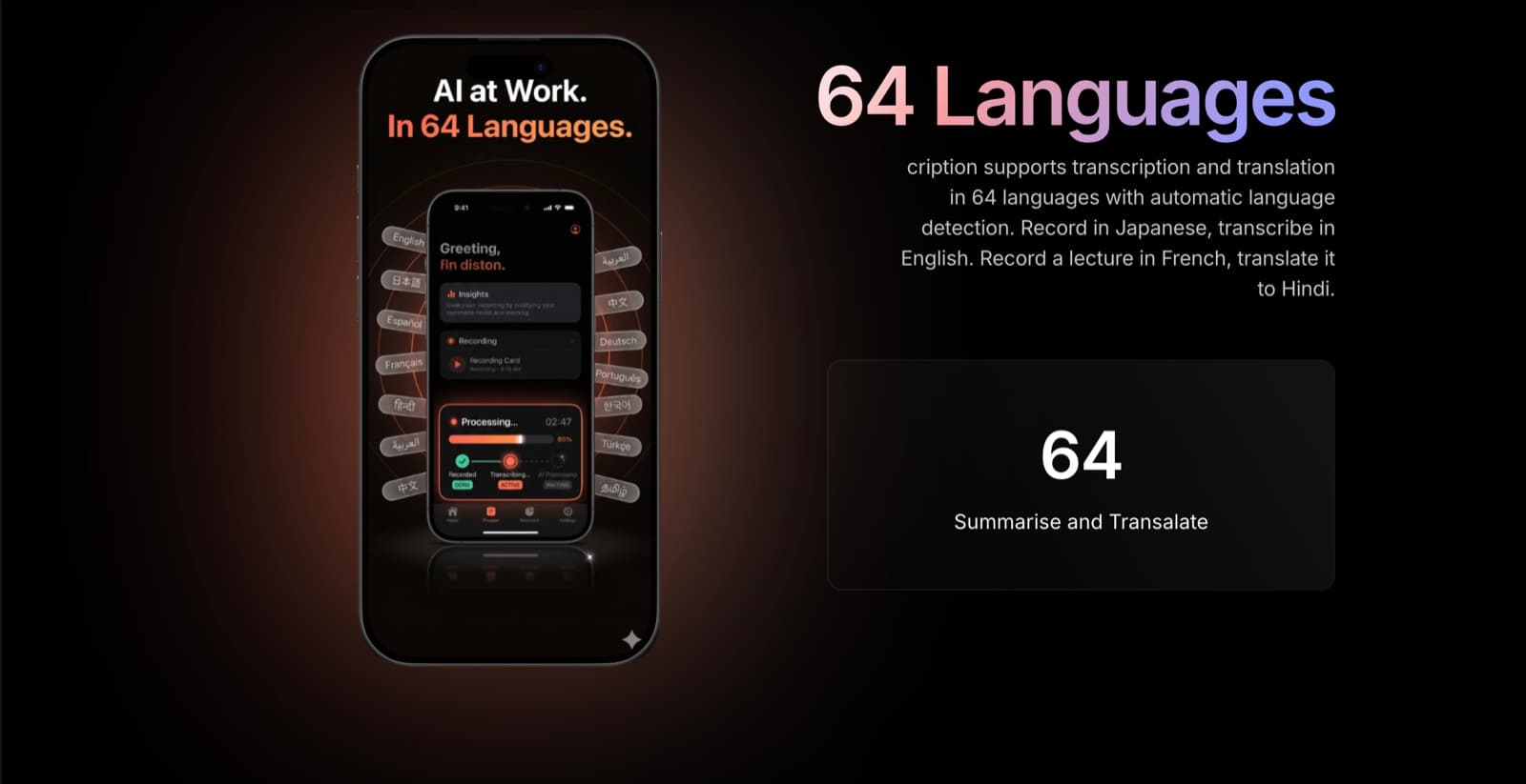 Scription website section on languages, with a phone surrounded by language labels