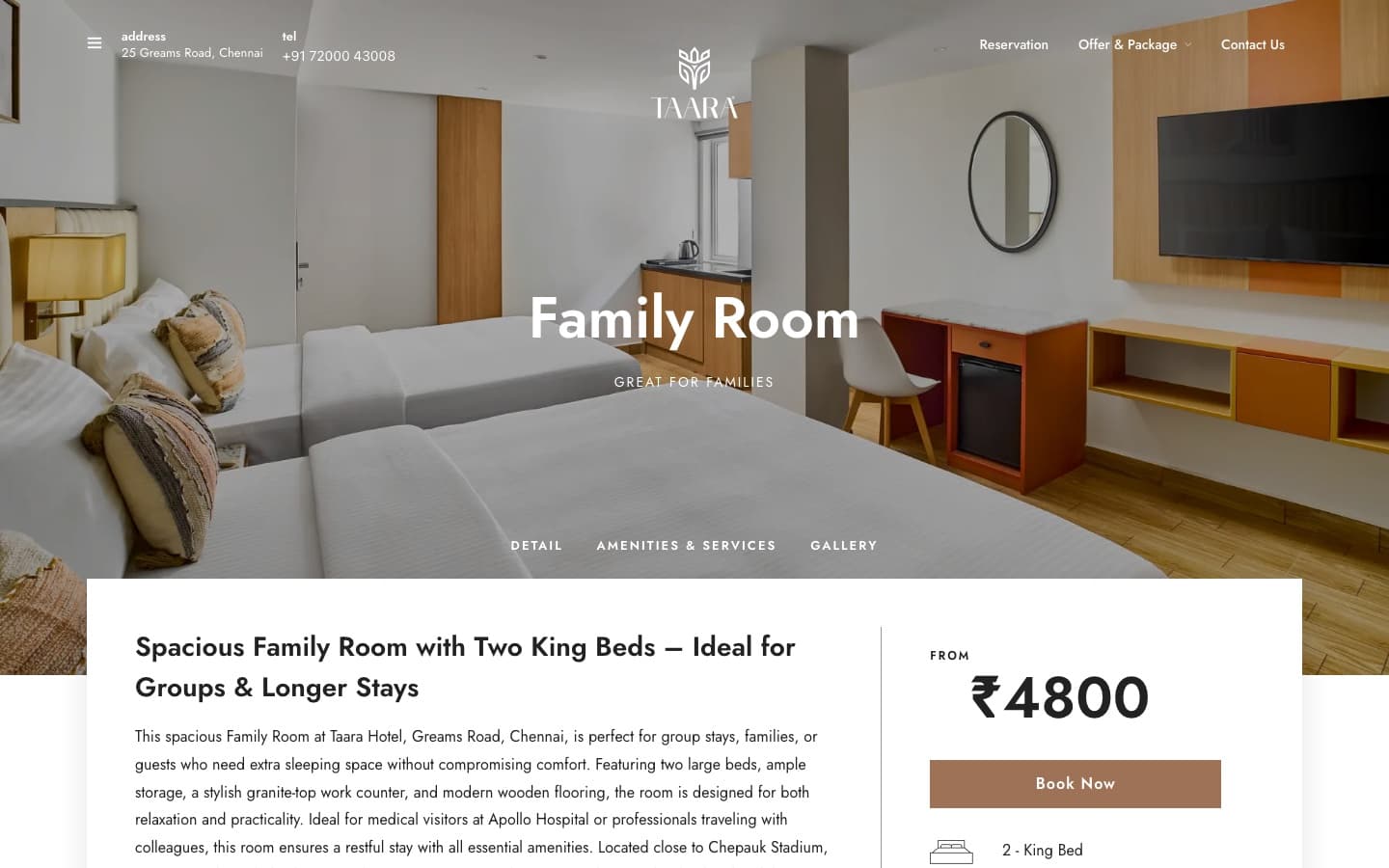 A Taara Hotel accommodation detail page on a desktop screen