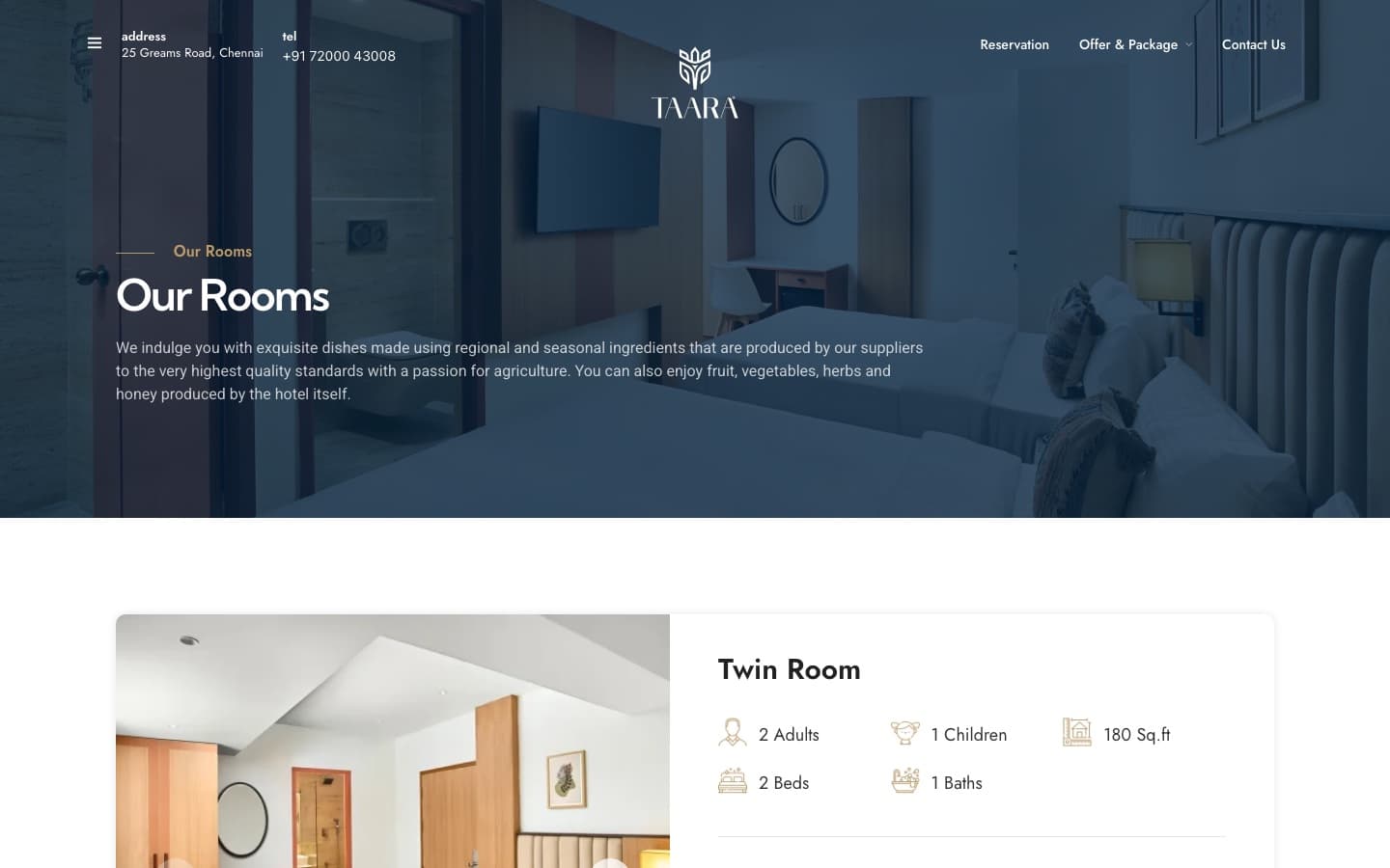 Taara Hotel room listing page on a desktop screen
