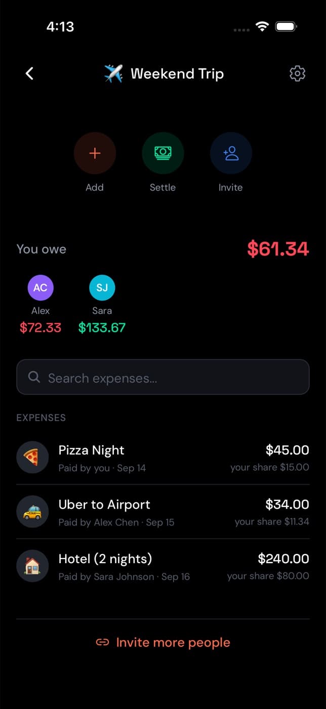 FairShare group screen for Weekend Trip with Add, Settle and Invite actions, per-person balances and an expense list