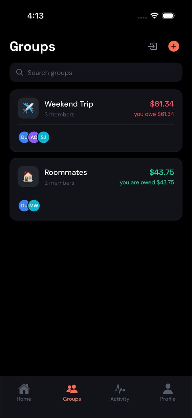 FairShare groups screen listing Weekend Trip and Roommates with member avatars and balances