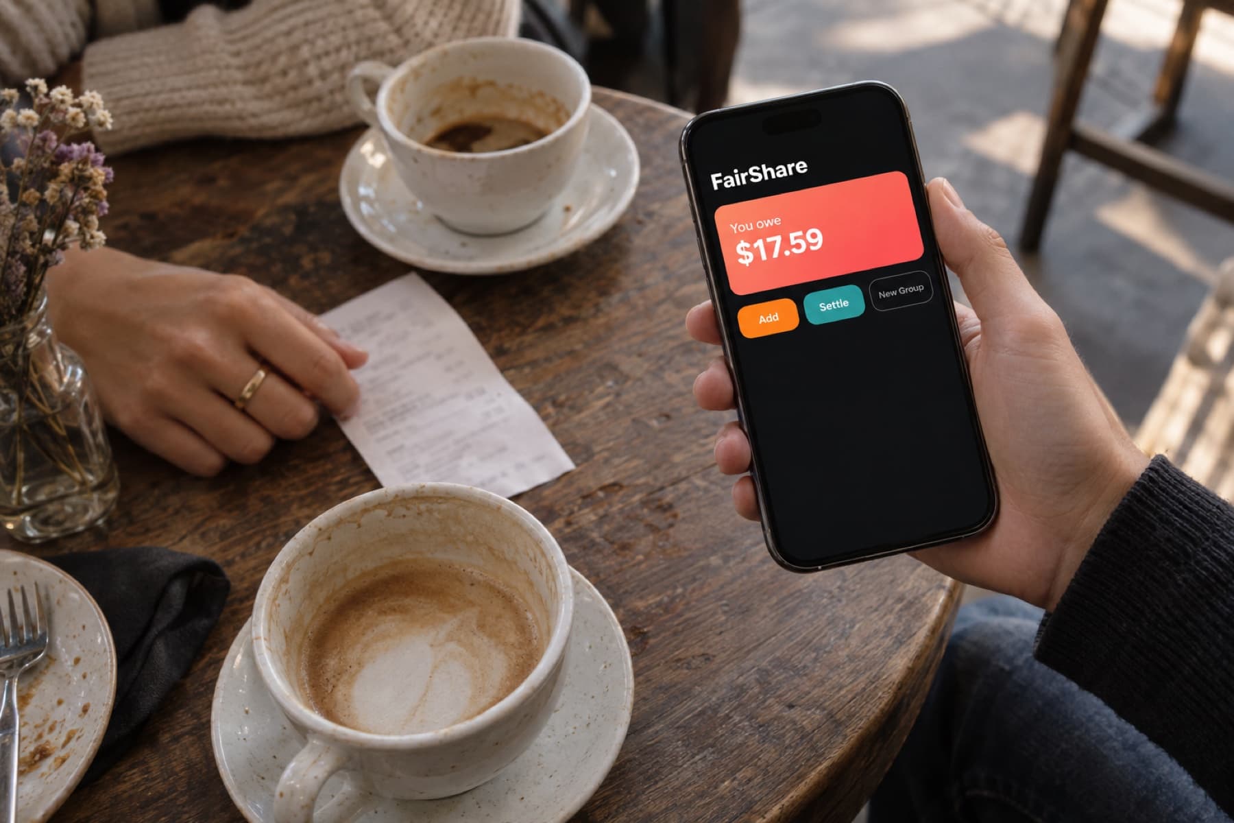 A hand holding a phone over a cafe table with two coffee cups and a receipt; the screen shows the FairShare home with a You owe card reading $17.59 and Add, Settle and New Group buttons