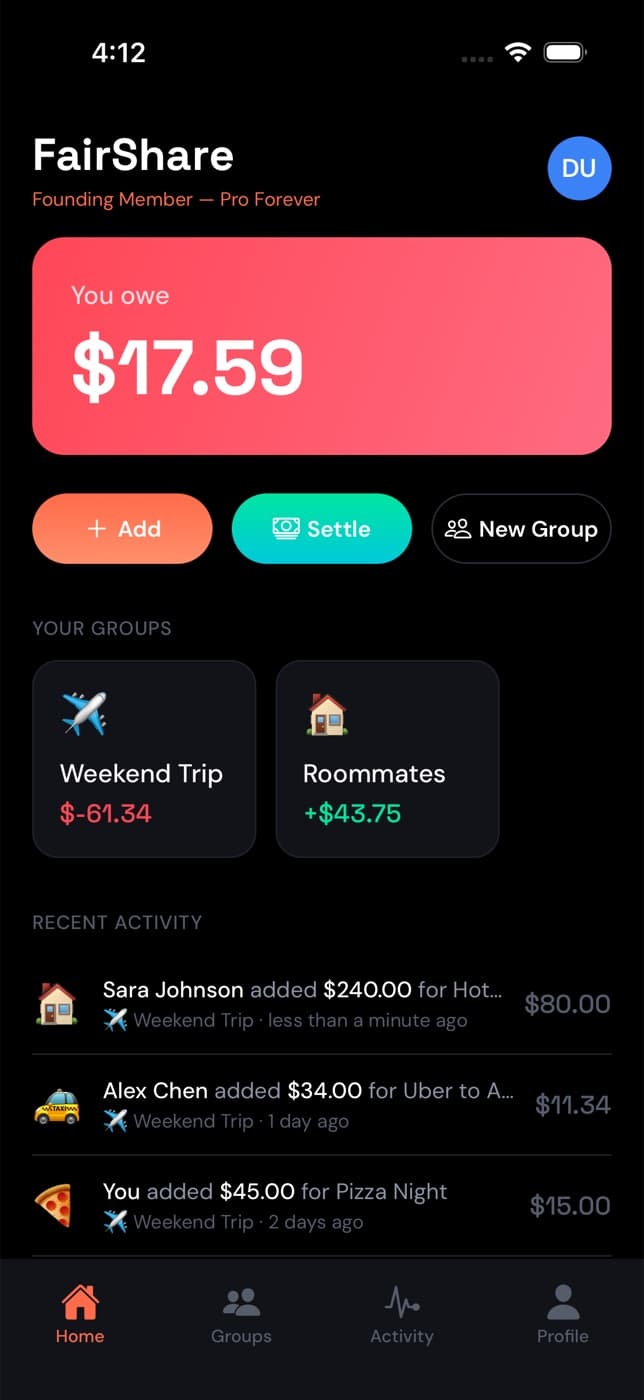 FairShare home screen with a You owe total, action buttons, group cards and recent activity
