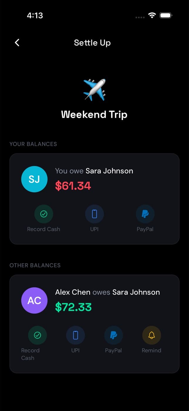 FairShare settle-up screen showing who owes whom and options to record cash, UPI or PayPal