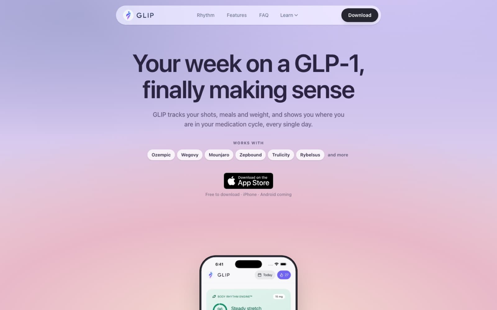 The getglip.app homepage: the headline Your week on a GLP-1, finally making sense, a list of medications it works with, an App Store button and a phone showing the app
