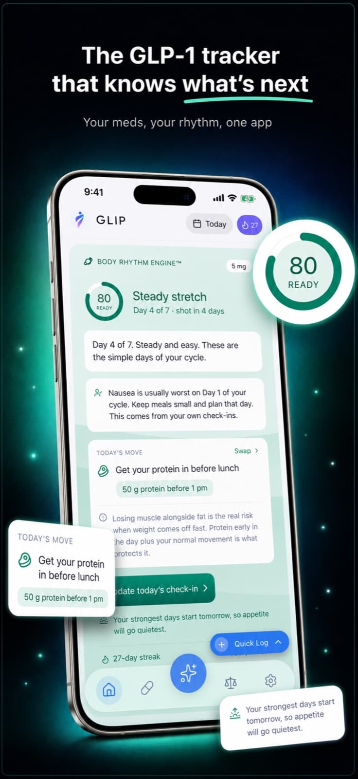 Glip home screen artwork showing a readiness ring, today's guidance and a check-in button