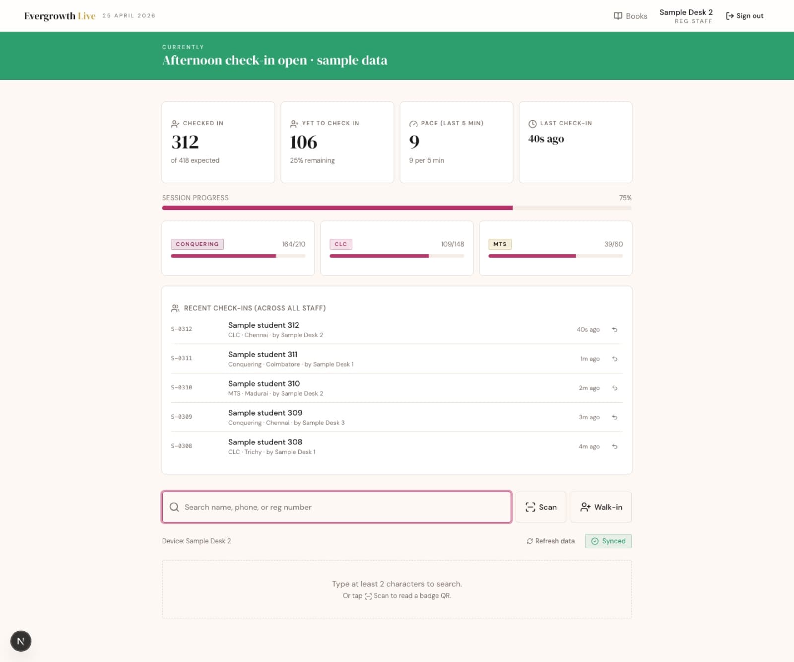 The event platform check-in console with sample data: checked-in count, pace, session progress by level, recent check-ins and a search box with Scan and Walk-in buttons