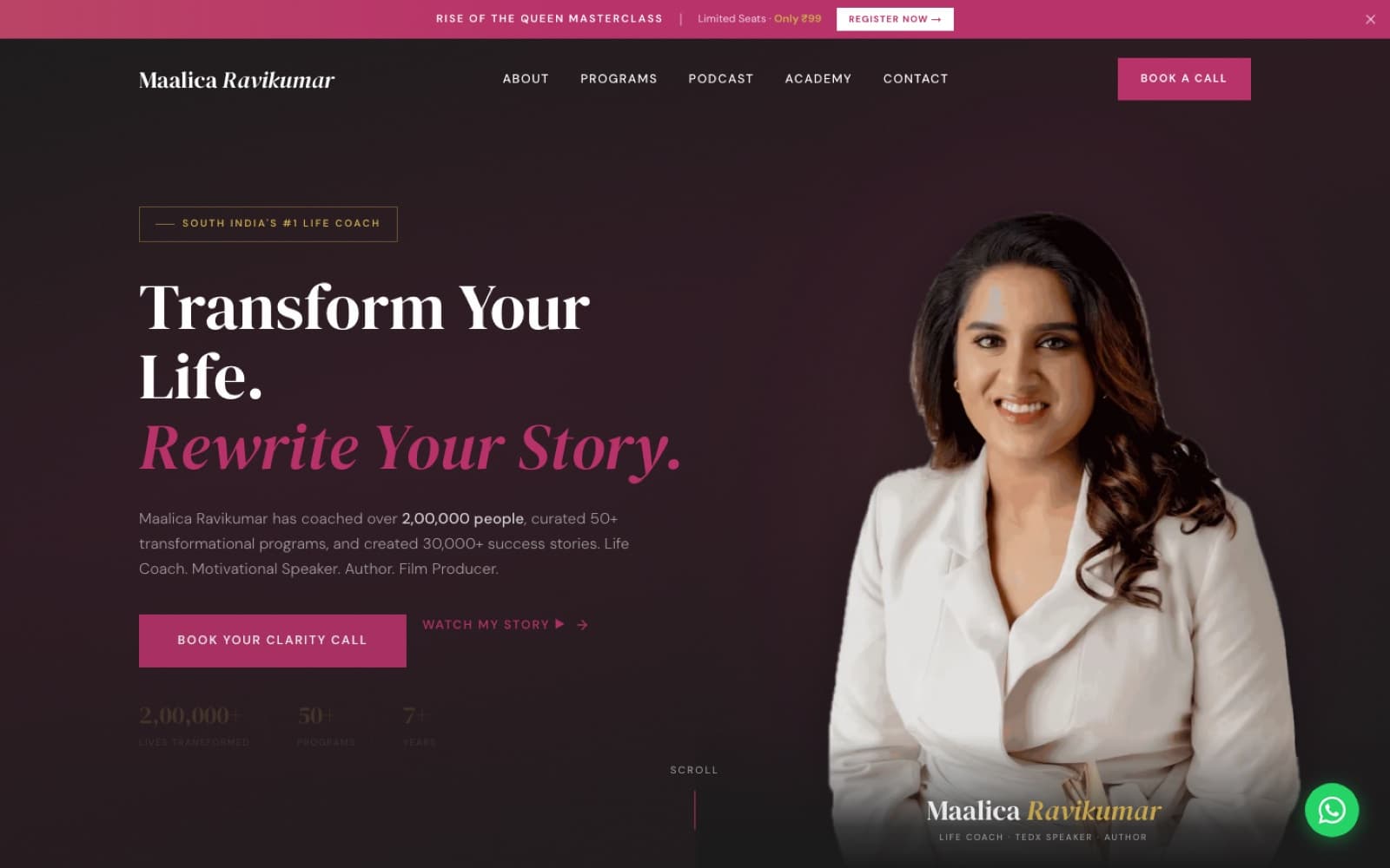 The maalica.com homepage: a dark hero with the headline Transform Your Life, Rewrite Your Story, a portrait of the coach and a Book your clarity call button