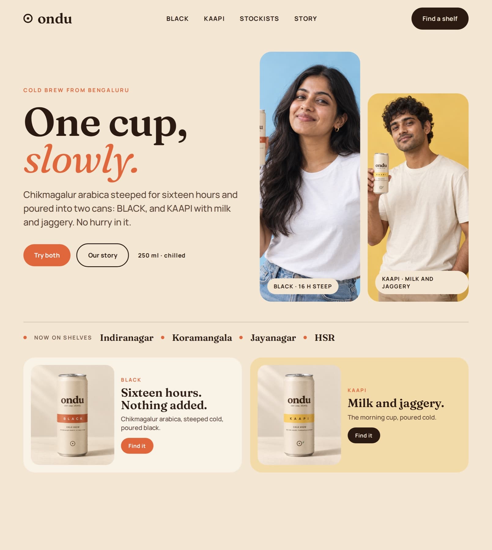 The ondu landing-page concept with the headline One cup, slowly, two product cards and a stockist row