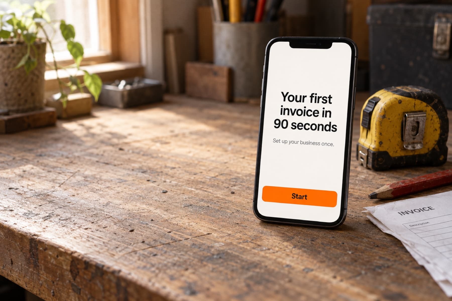 A phone standing on a wooden workbench beside a tape measure and a paper invoice, showing the PayR welcome screen: Your first invoice in 90 seconds, with an orange Start button