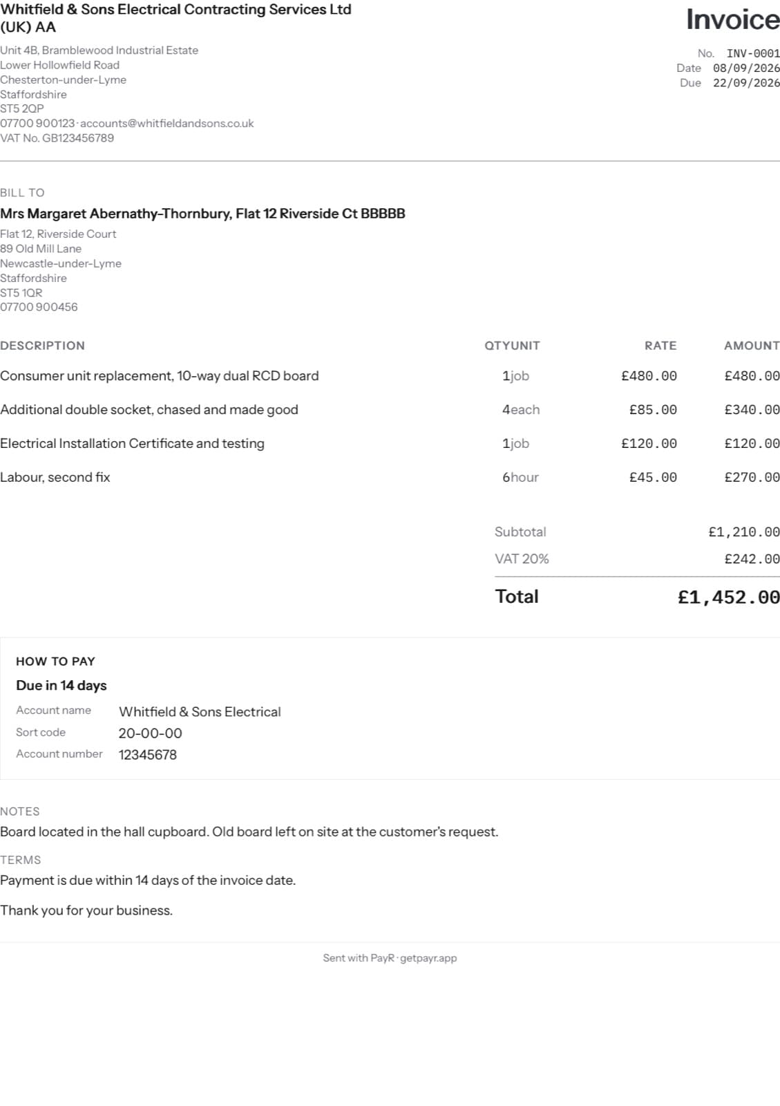 A sample invoice generated by PayR with line items, VAT, total and a how-to-pay panel