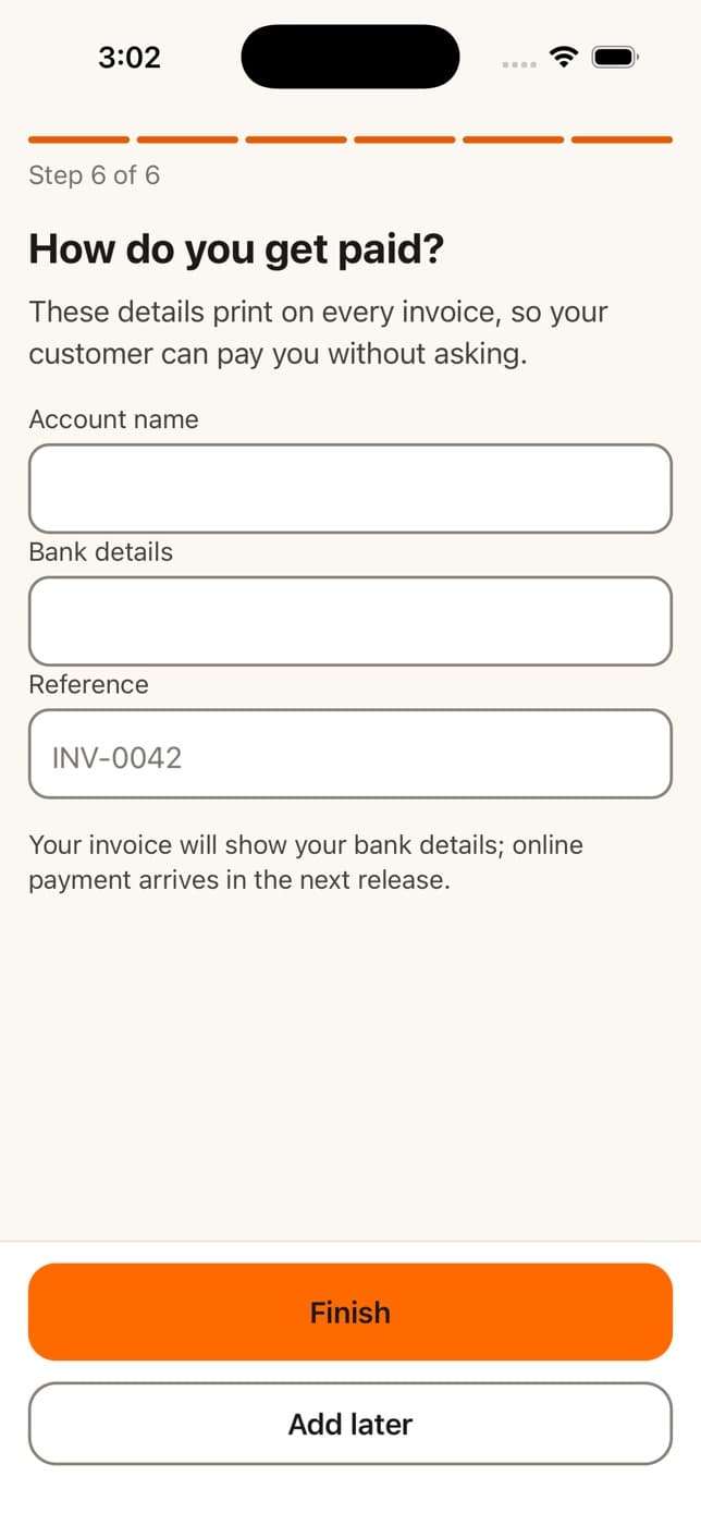 PayR onboarding step six, How do you get paid, with account name, bank details and reference fields