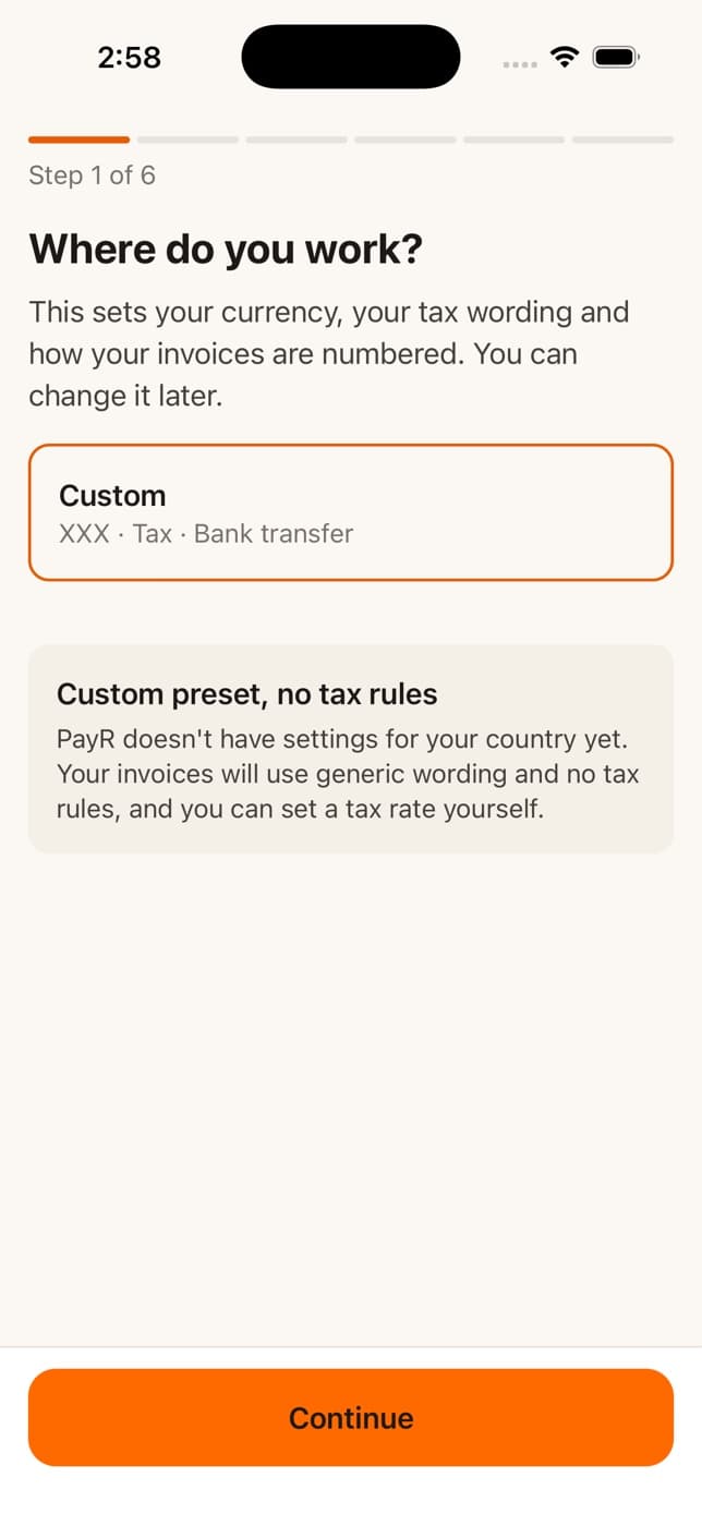 PayR onboarding step one, Where do you work, with a region card