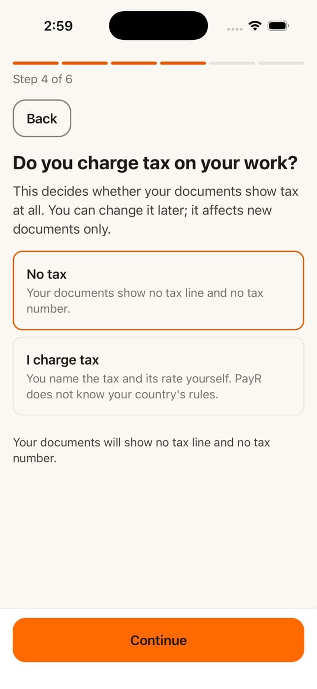 PayR onboarding step four, Do you charge tax on your work, with No tax and I charge tax options