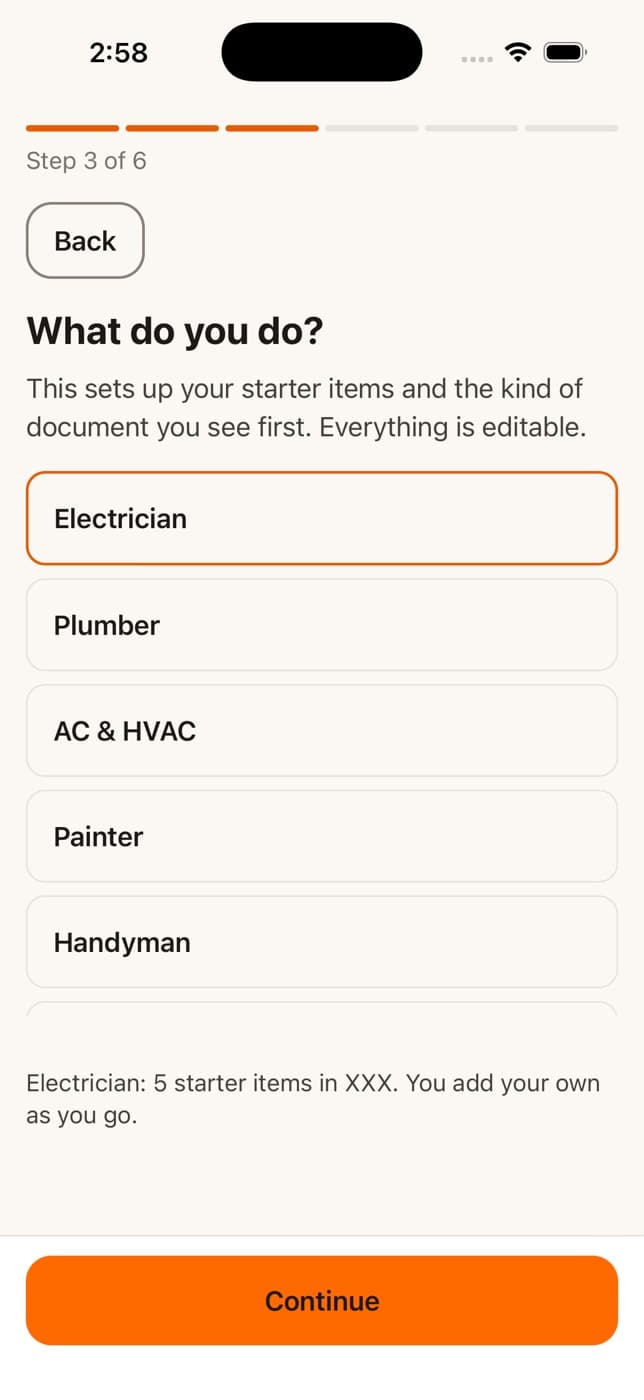 PayR onboarding step three, What do you do, listing electrician, plumber, AC and HVAC, painter and handyman