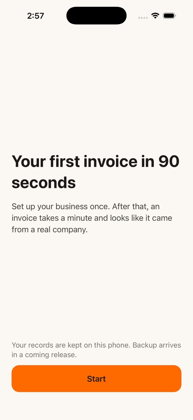 PayR welcome screen: Your first invoice in 90 seconds, with a Start button