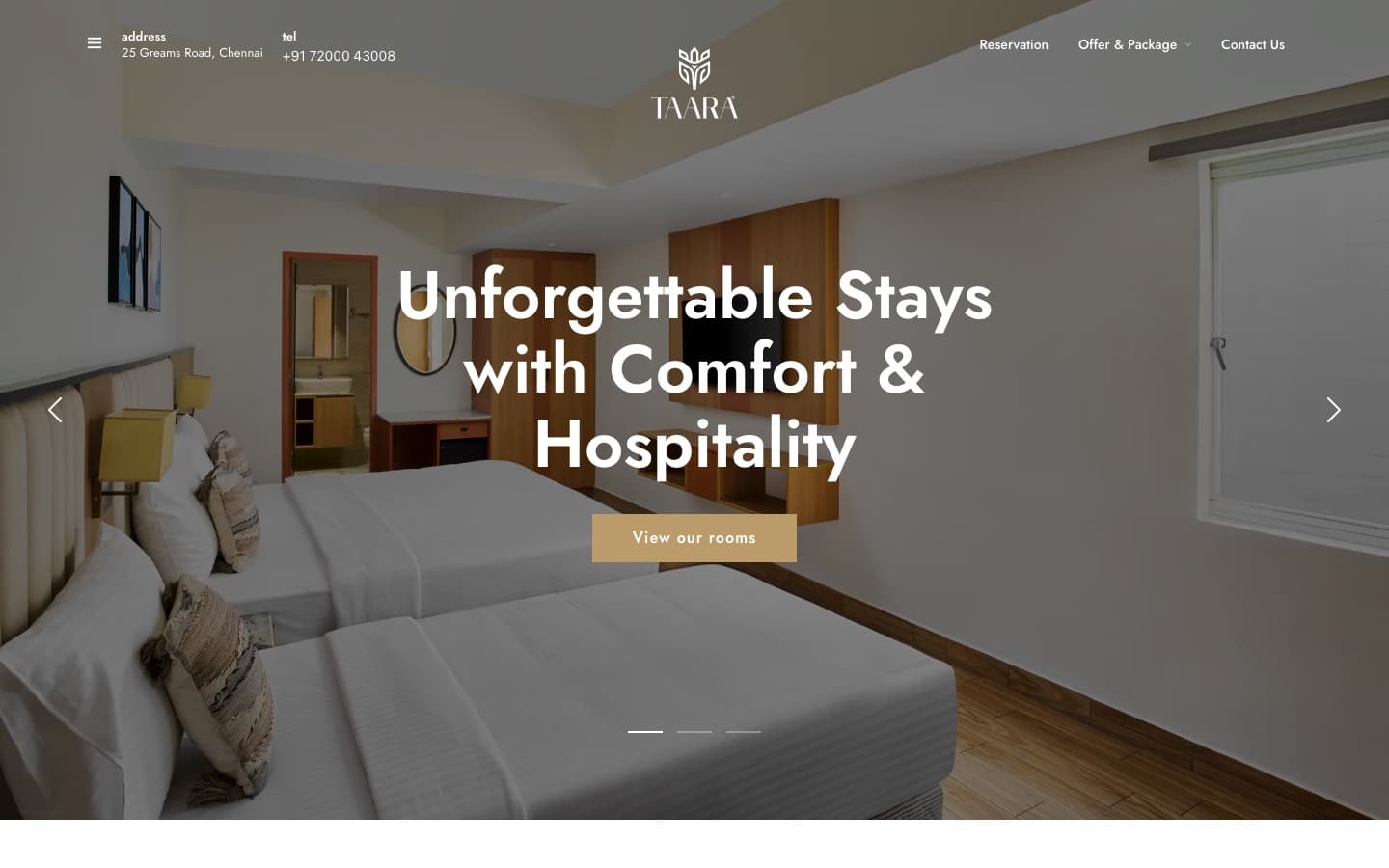 Taara Hotel homepage showing a bedroom photograph, the hotel mark and the headline about comfortable stays